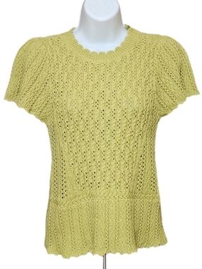 Democracy Short Flounce Sleeves Round Neck Peplum Crochet Sweater Citron Green